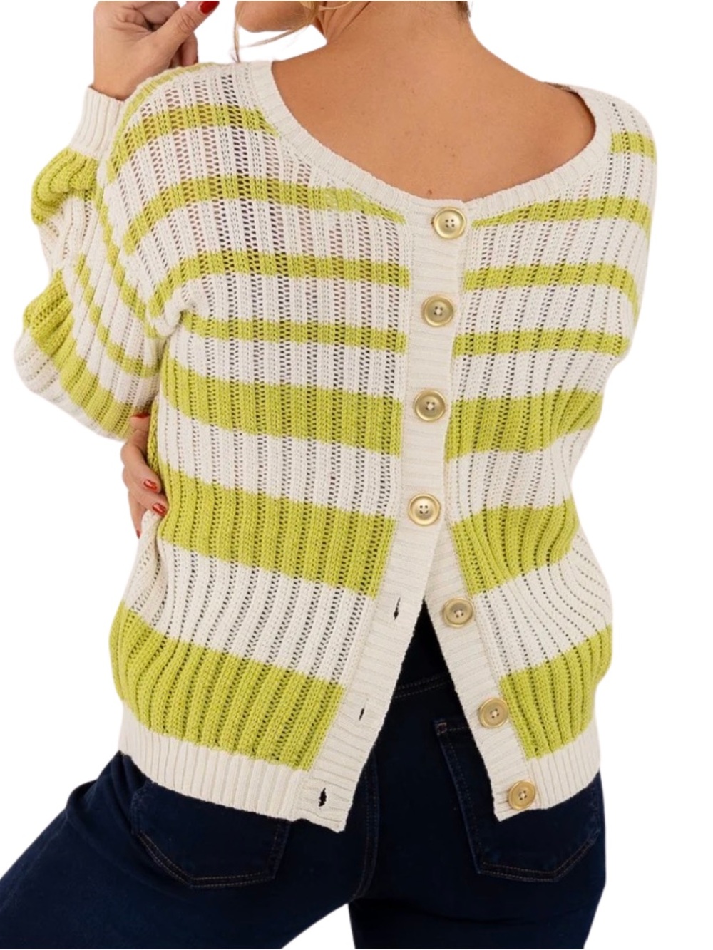 Tribal Jeans Green & Cream Striped Cotton Knit Cardigan Sweater XL